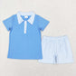 GSSO0438 Baby Girl Sleeveless Pink Pocket Open Back Top Blue Stripes Ruffle Shorts Set