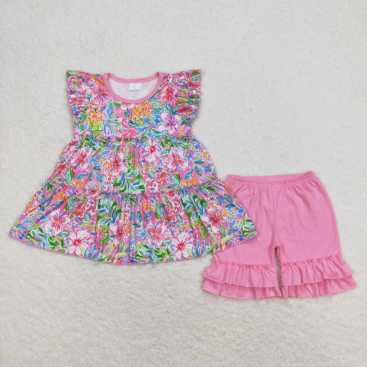 Baby Girls Short Sleeves Floral Tunic Pink Shorts Summer Set