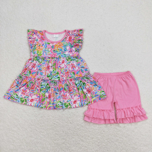 Baby Girls Short Sleeves Floral Tunic Pink Shorts Summer Set