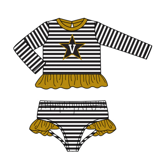 ( Moq 5 ) Baby Girls Long Sleeves Star Ruffle Tops Stripes Shorts Team Set Swimsuit
