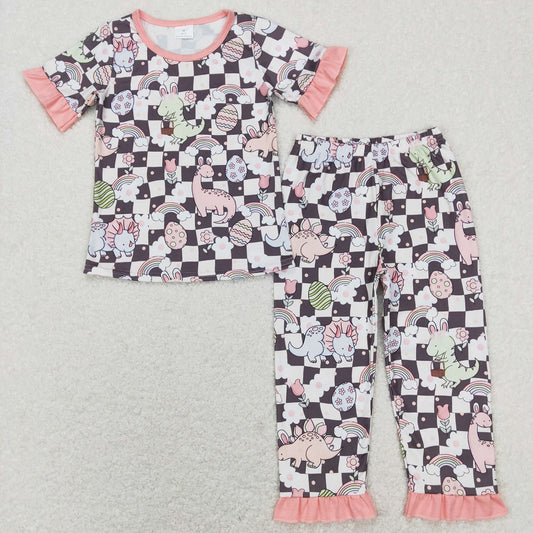 GSPO1203 Easter Baby Girl Short Sleeves Dinosaurs Eggs Rainbow Shirt Checkered Pants Pajamas Set