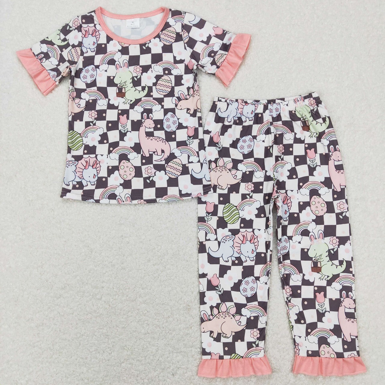 BSPO0283 Easter Baby Boy Short Sleeves Dinosaurs Eggs Rainbow Shirt Checkered Pants Pajamas Set