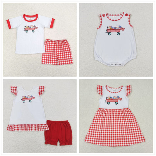 Baby Girl Boy July 4th Embroidery Flag Tractor Sibling Rompers Clothes Sets