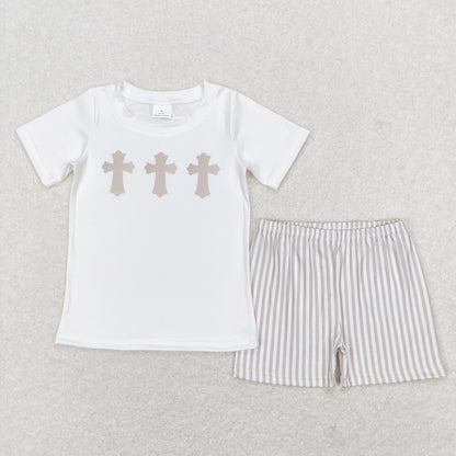 BSSO0354 Easter Baby Boy Short Sleeves Cross Shirt Stripes Shorts Set