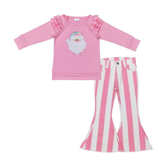 Baby Girl Long Sleeves Embroidery Christmas Santa Shirt Pink Stripes Jeans Denim Pants Clothes Set