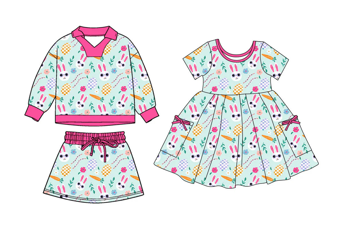 ( Moq 5 Each Style ) Baby Girls Long Sleeves Rabbits Flower Carrots Sibling Easter Dress Set