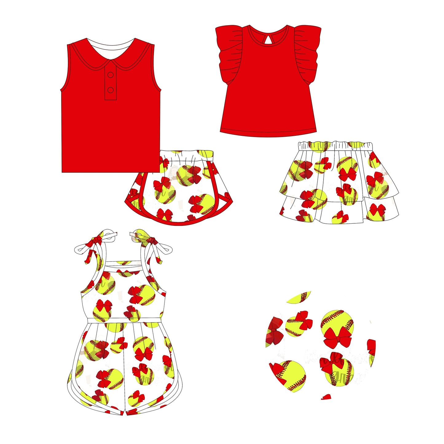 Baby Girl Softball Bows Red Sibling Romper Dress Set ( Moq 5 Each Style ) 2.21