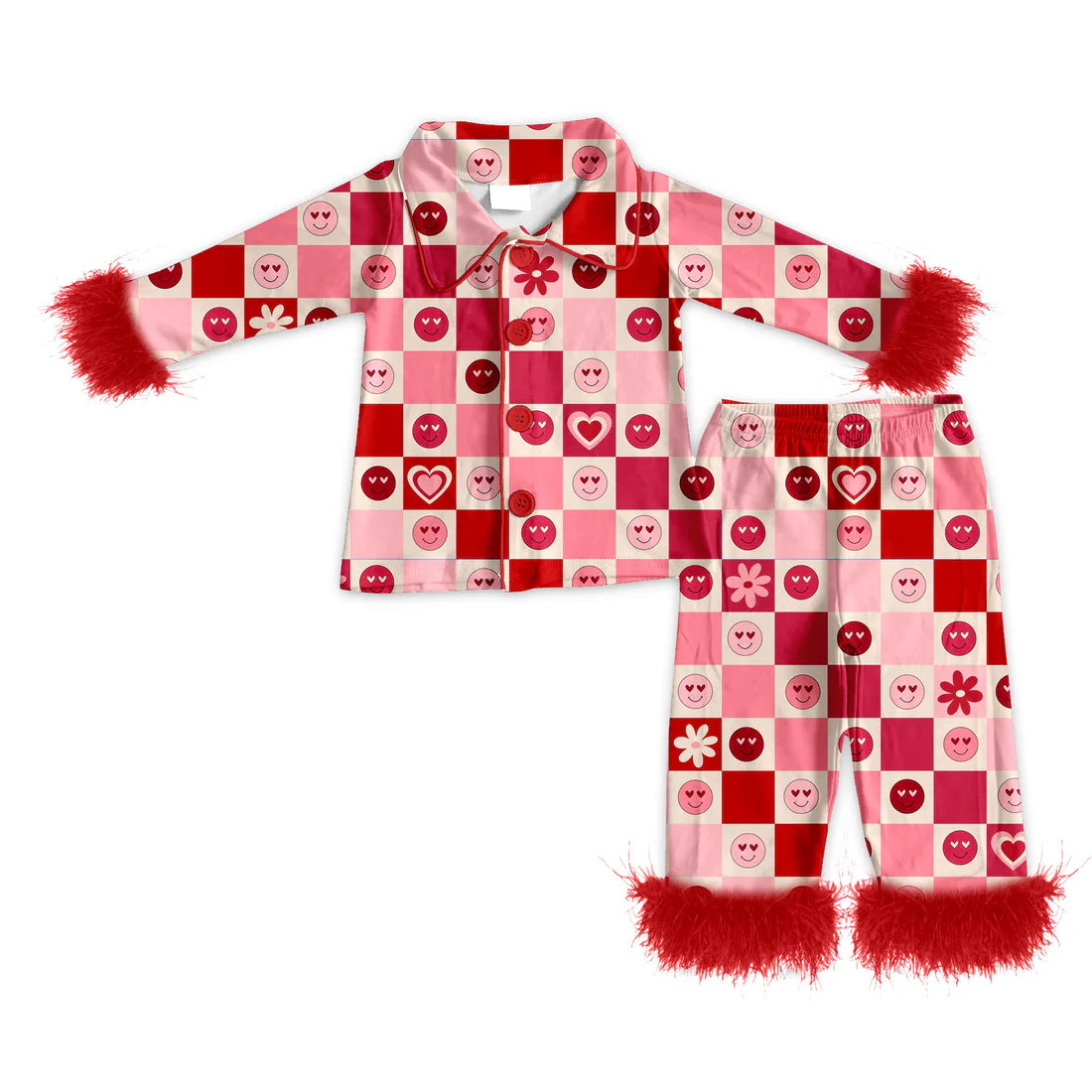 ( Moq 5 ) Baby Girls Fur Long Sleeves Buttons Shirt Smile Hearts Pants Valentines Pajamas Set