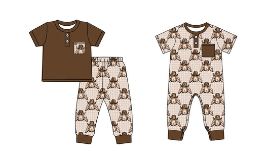 ( Moq 5 Each Style ) Boys Kids Short Sleeves Rabbits Easter Sibling Pocket Romper Set