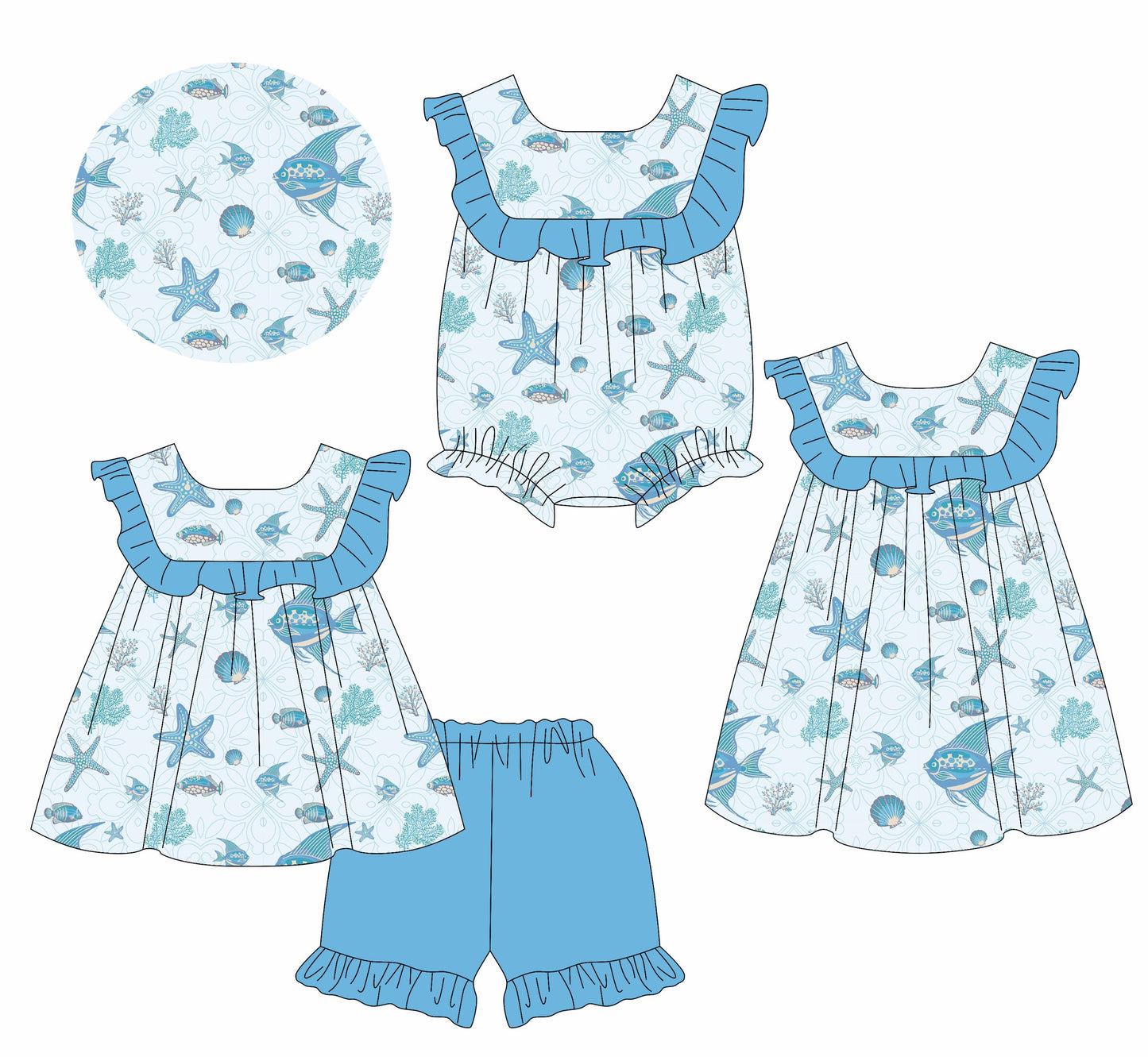 Baby Girl Short Sleeves Ocean Animals Sibling Romper Dress Set ( Moq 5 Each Style ) 2.14