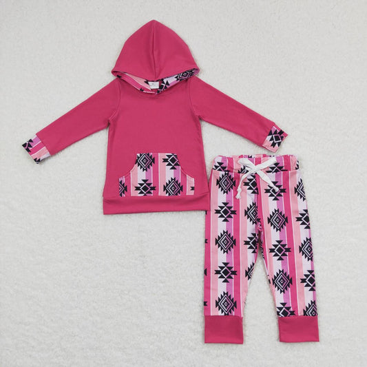 GLP0780 Baby Girl Pink Long Sleeves Hoodie Shirt Aztec Pocket Pants Outfit