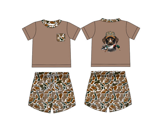 Baby Boy Green Short Sleeves Dog Duck Shirt Pockets Camo Shorts Set ( Moq 5 ) 12.9