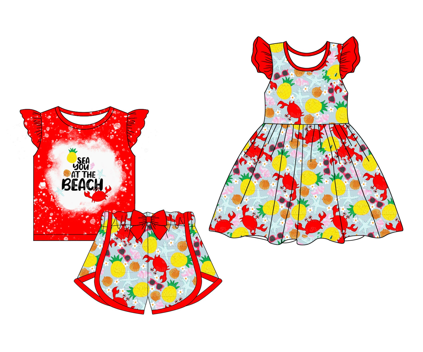 Baby Girl Short Sleeves Beach Crabs Sibling Dress Set ( Moq 5 Each Style ) 12.24