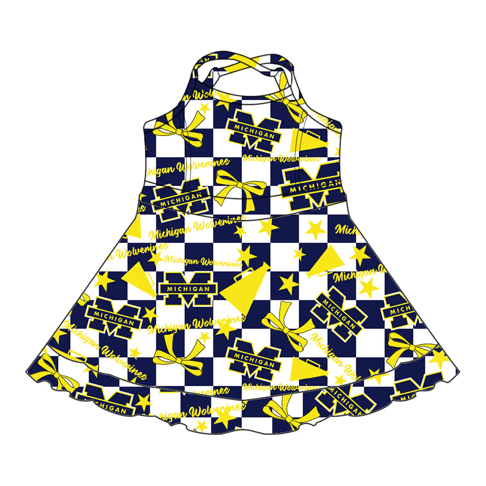 ( Moq 5 each style ) Baby Girl Toddler Team M Yellow Bows Cheer Sibling Checked Dress Set 6.30