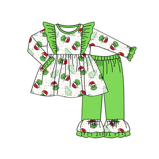 Baby Girl Long Sleeves Christmas Cake Tree Frog Tops Green Ruffle Pants Set