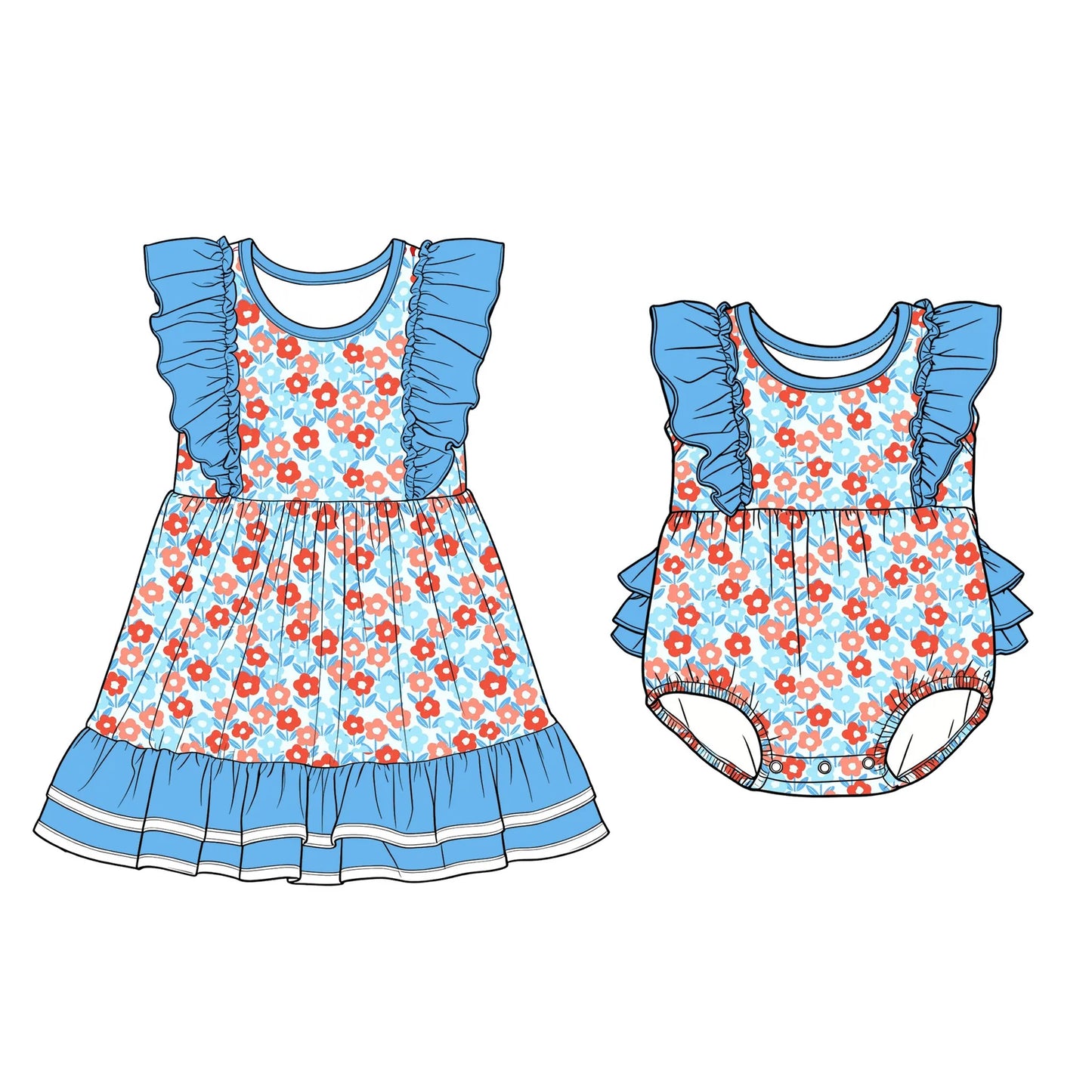 ( Moq 5 Each Style ) Sibling Baby Girls Kids Short Sleeves Flower Blue Ruffle Romper Dress