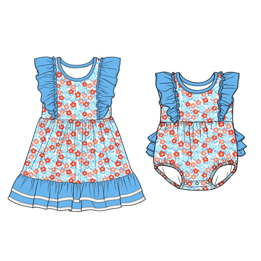 ( Moq 5 Each Style ) Sibling Baby Girls Kids Short Sleeves Flower Blue Ruffle Romper Dress