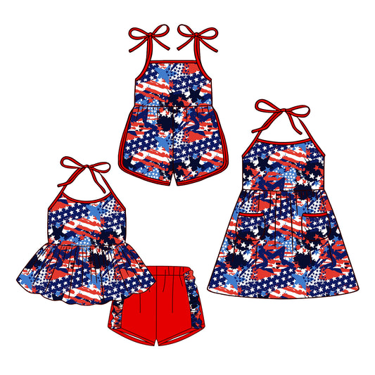 ( Moq 5 Each Style ) Baby Girls Kids Sleeveless Stars 4th of July Sibling Jumpsuit Dress Set