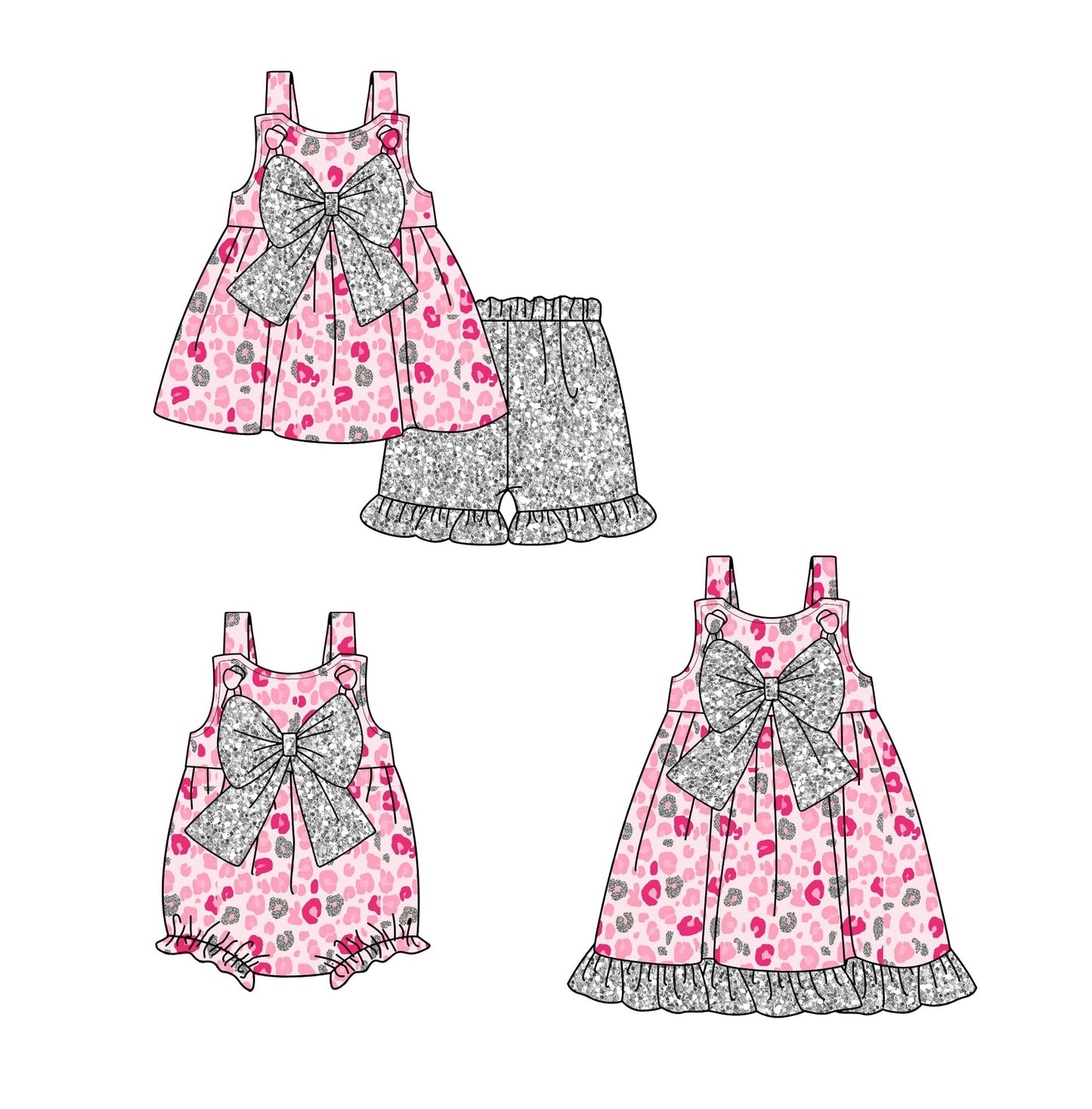 Baby Girl Straps Leopard Grey Bows Sibling Romper Dress Set ( Moq 5 Each Style ) 1.25