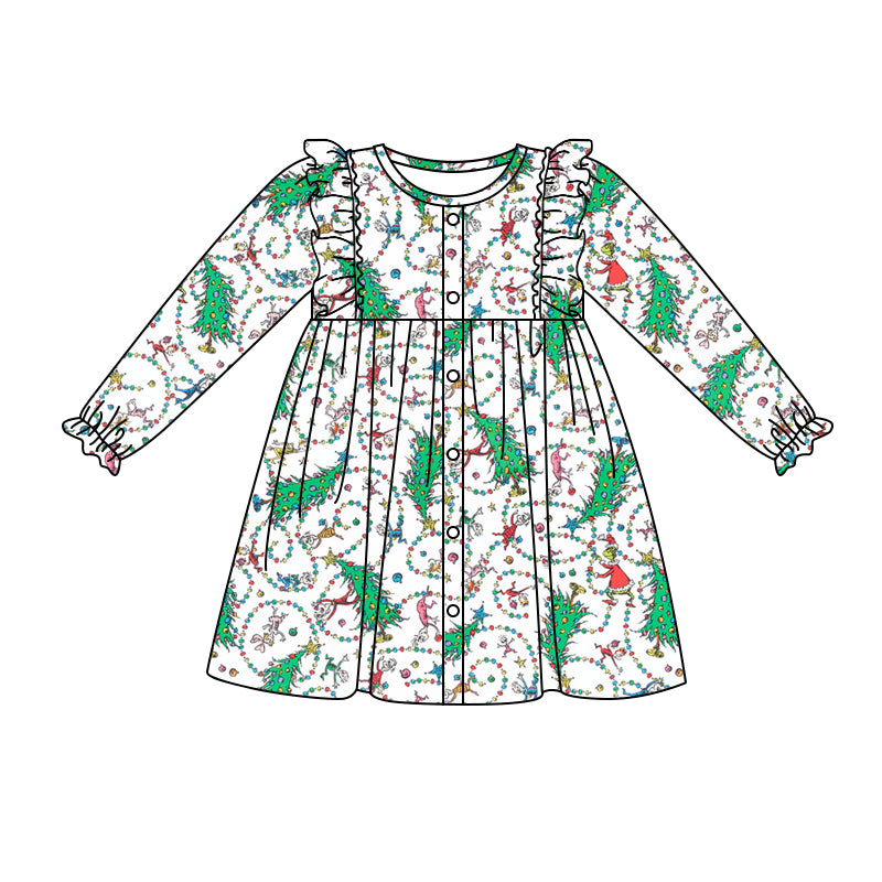 Baby Girl Long Sleeves Christmas Tree Cartoon Dress