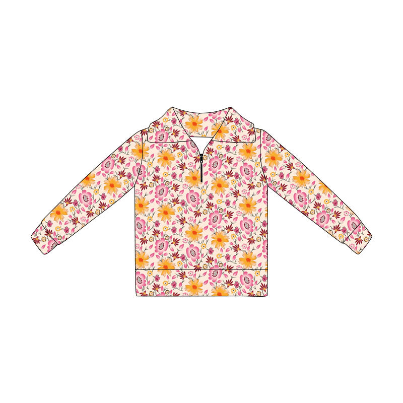 ( Moq 5 ) Preorder Baby Girls Kids Long Sleeves Flower Pullover Zipper Shirt