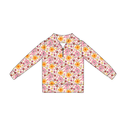 ( Moq 5 ) Preorder Baby Girls Kids Long Sleeves Flower Pullover Zipper Shirt