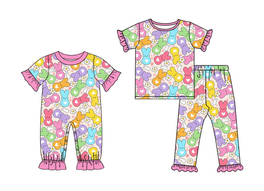 ( Moq 5 Each Style ) Girls Toddler Rabbits Flower Hearts Easter Sibling Romper Set