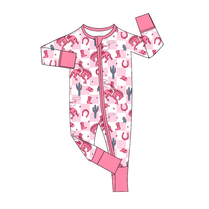 Baby Girl Long Sleeves Rodeo Cactus Western Pink Zipper Romper