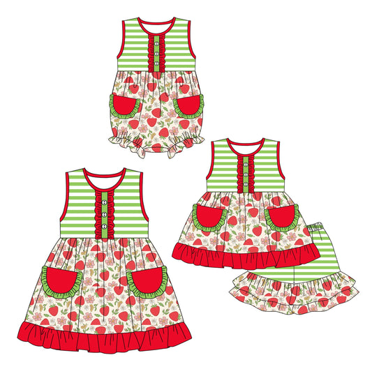 Baby Girl Strawberry Flower Pockets Sibling Romper Dress Set ( Moq 5 Each Design ) 12.14