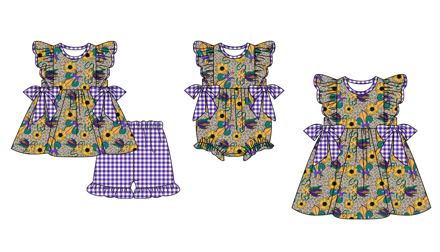 Baby Girl Short Sleeves Mardi Gras Sunflower Sibling Romper Dress Clothes Set ( Moq 5 Each Design )12.3