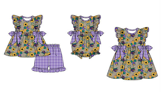 Baby Girl Short Sleeves Mardi Gras Sunflower Sibling Romper Dress Clothes Set ( Moq 5 Each Design )12.3