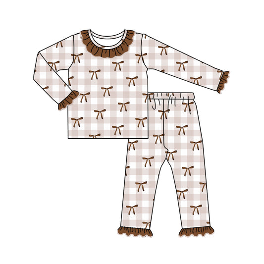 Baby Girl Long Sleeves Bows Plaid Shirt Pants Pajamas Brown Set