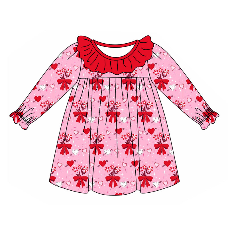 Baby Girl Long Sleeves Valentine Hearts Bows Floral Dress