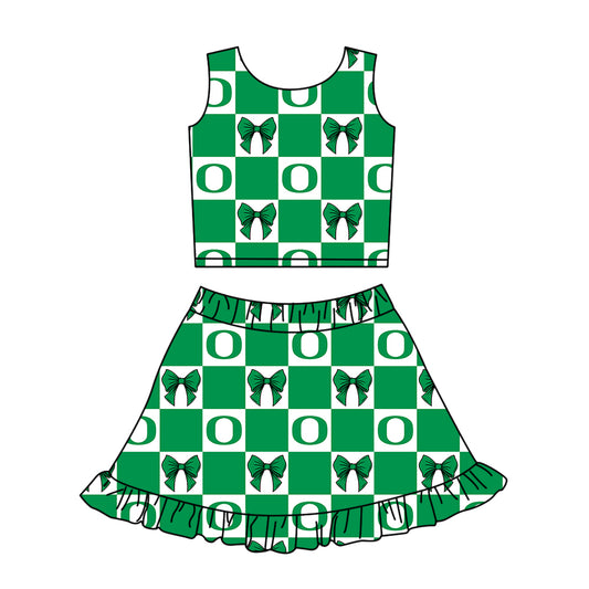 ( Moq 5 ) Baby Girls Kids Sleeveless Green Bows Checked Tops Shorts Ruffle Skirt Team Set
