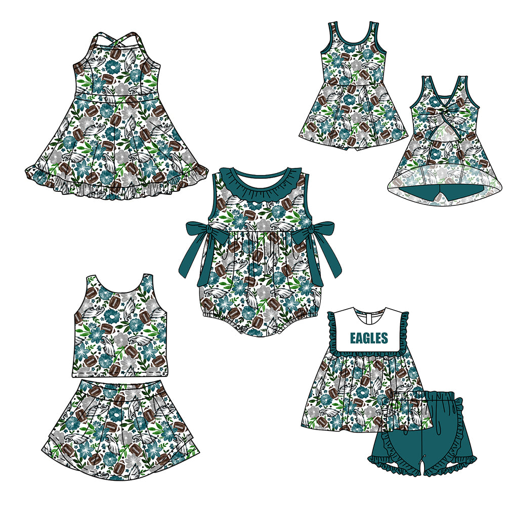( Moq 5 Each Style ) Baby Girls Kids Sleeveless Football Flower Green Bows Sibling Romper Dresses Sets