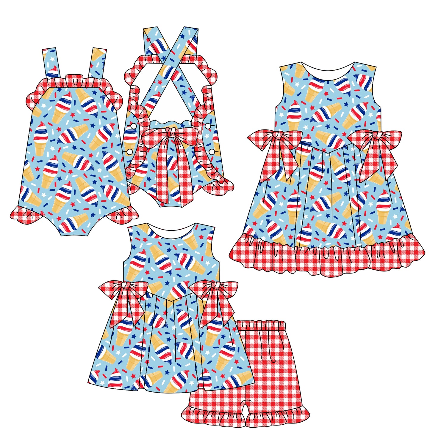 ( Moq 5 Each Style ) Baby Girls Kids Popsicle Bows Sibling 4th of July Romper Dress Set