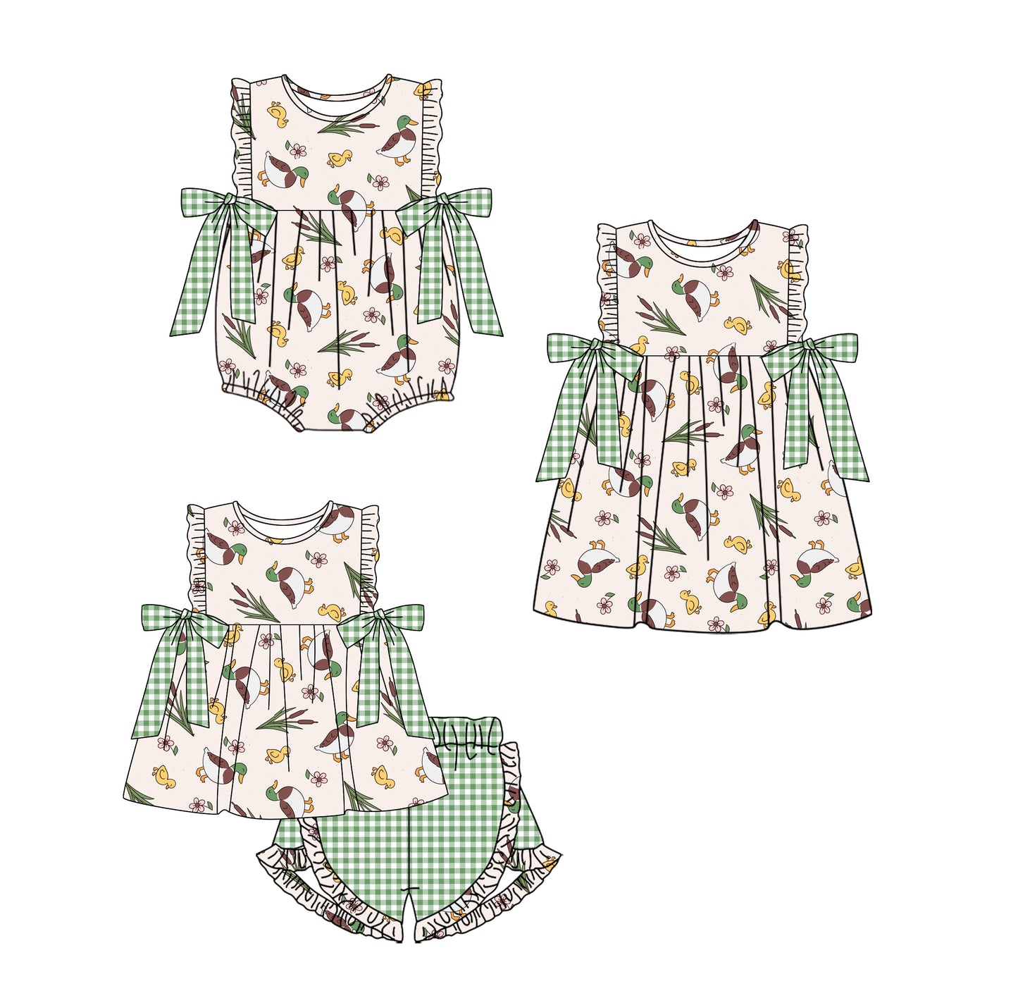 Baby Girl Duck Flower Bows Sibling Matching Romper Dress Clothes Set ( Moq 5 Each Design )