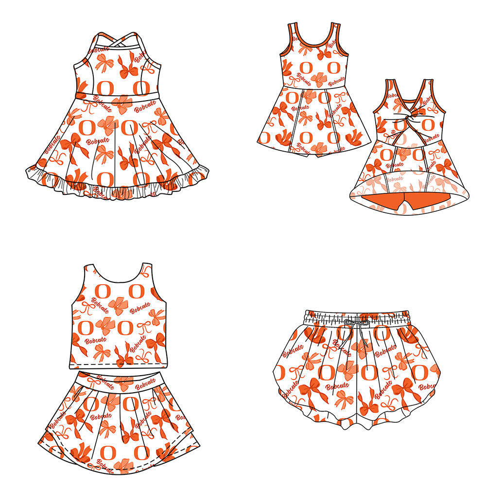 ( Moq 5 Each Style ) Baby Girls Toddler Orange Bows Sibling Team Shorts Dresses Set Clothes