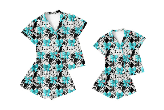 ( Moq 5 Each Style ) Baby Girl Adult Women Cow Print Bows Sibling Mommy And Me Family Pajamas Set