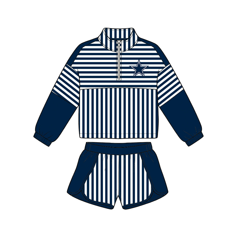 ( Moq 5 ) Baby Girls Kids Long Sleeves Zipper Pullover Stripes Shorts Team Set Clothes