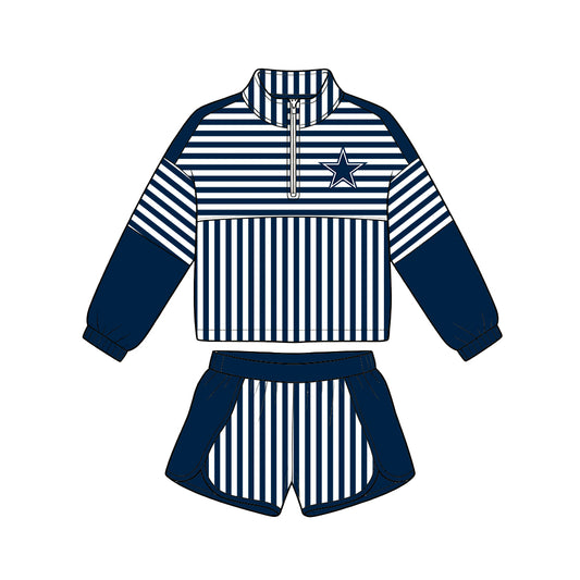 ( Moq 5 ) Baby Girls Kids Long Sleeves Zipper Pullover Stripes Shorts Team Set Clothes