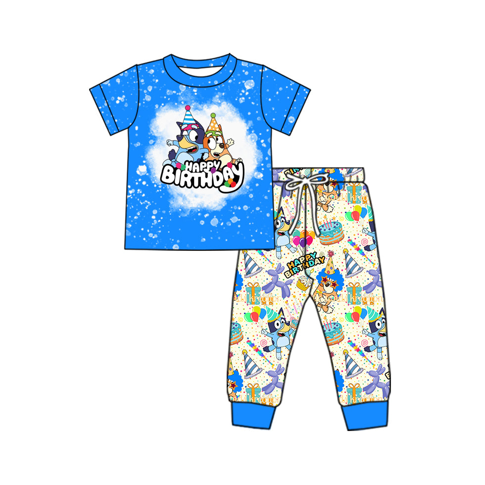 Baby Boy Blue Short Sleeves Dogs Shirt Pants Birthday Set Moq 5