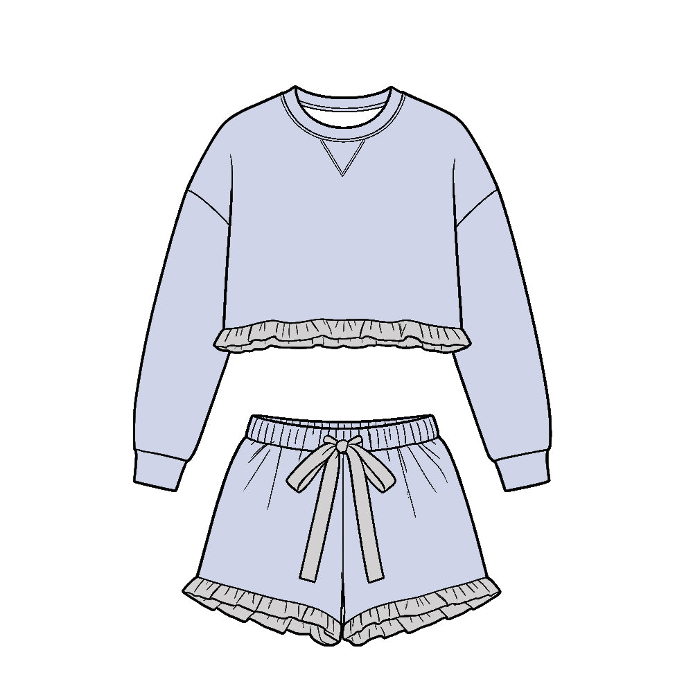 ( Moq 5 ) Baby Girls Kids Long Sleeves Ruffle Shirt Shorts Set Cotton Clothes