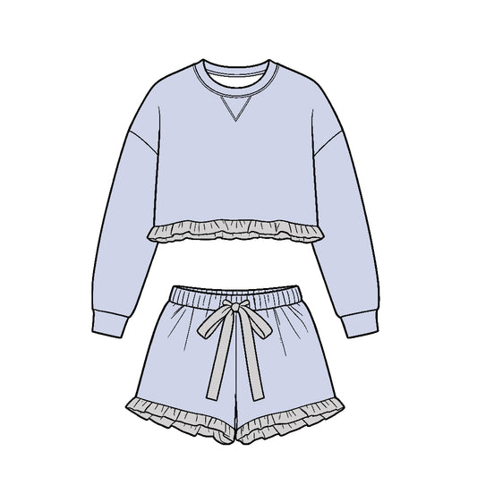( Moq 5 ) Baby Girls Kids Long Sleeves Ruffle Shirt Shorts Set Cotton Clothes