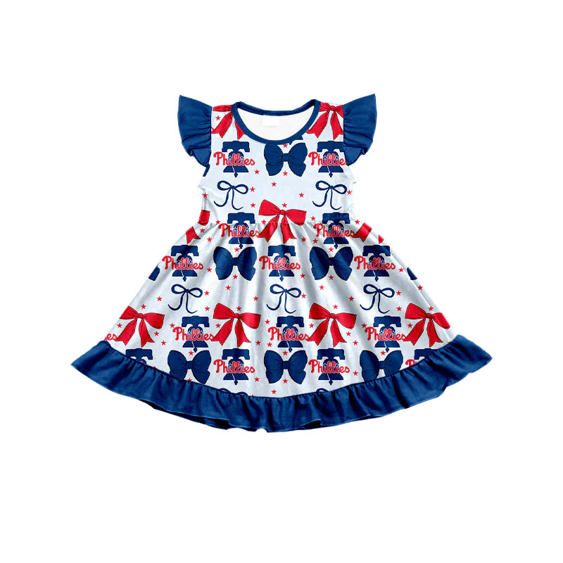 ( Moq 5 each style ) Baby Girl Toddler Team Red Blue Bows Sibling Romper Dress Set 6.16