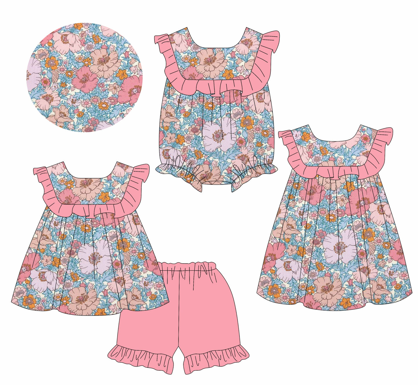 Baby Girl Flower Pink Ruffle Sibling Romper Dress Set ( Moq 5 Each Style ) 3.1