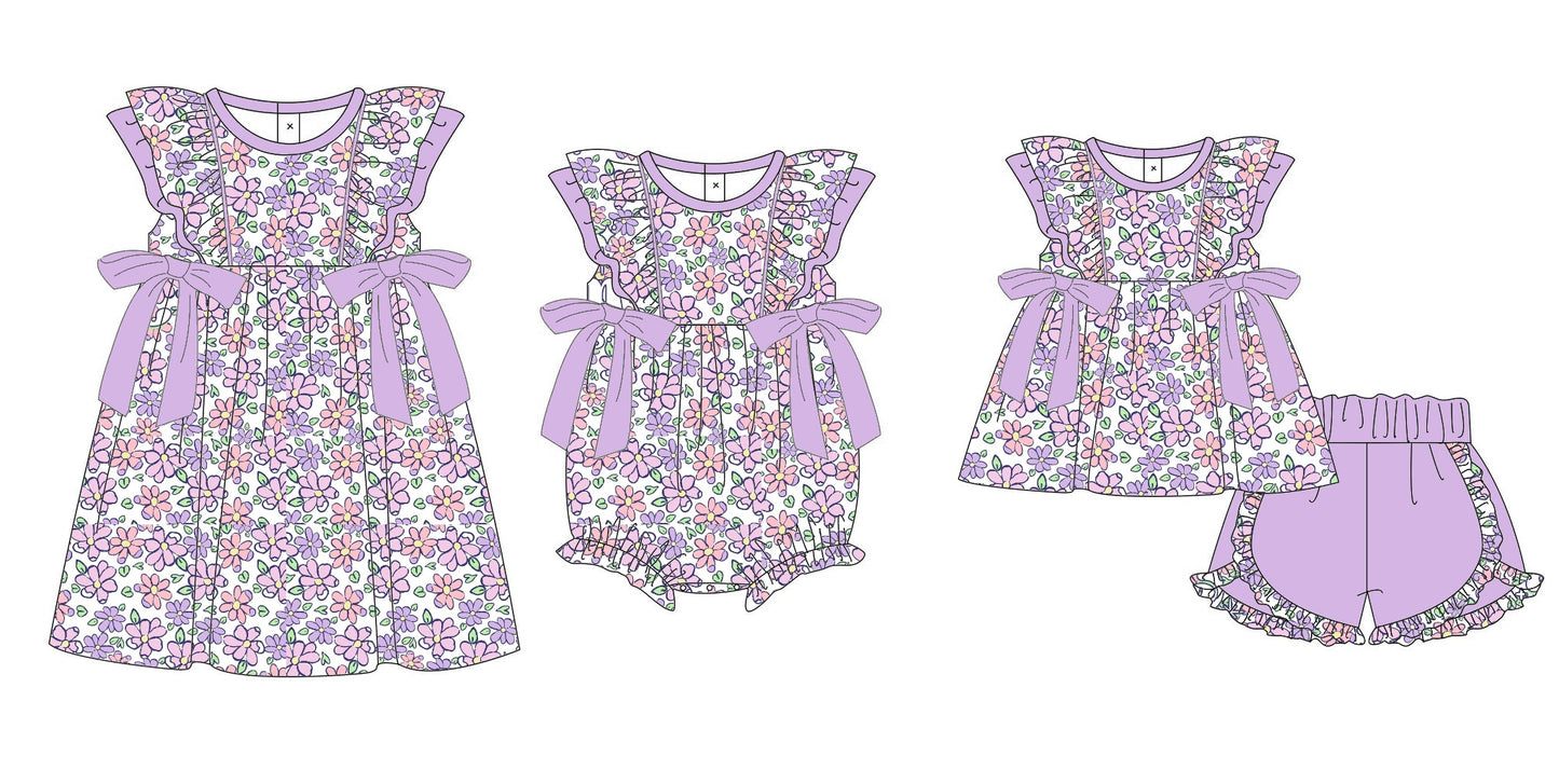 Baby Girl Short Sleeves Purple Flower Bows Sibling Matching Romper Dress Clothes Set Moq 5 Each Design