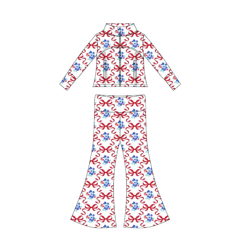 ( Moq 10 ) Baby Girl Long Sleeves Flower Bows Pockets Zipper Tops Bell Bottom Pants Set