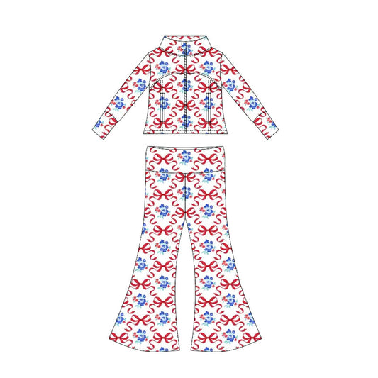 ( Moq 10 ) Baby Girl Long Sleeves Flower Bows Pockets Zipper Tops Bell Bottom Pants Set