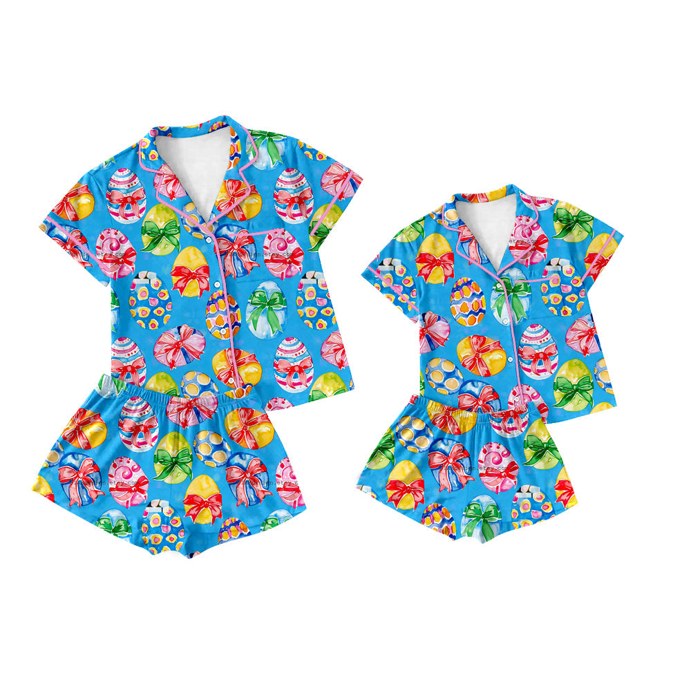 Baby Girl Toddler Adult Women Short Sleeves Easter Bows Eggs Shorts Sibling Family Shorts Pajamas Set ( Moq 5 Each Style ) 12.12